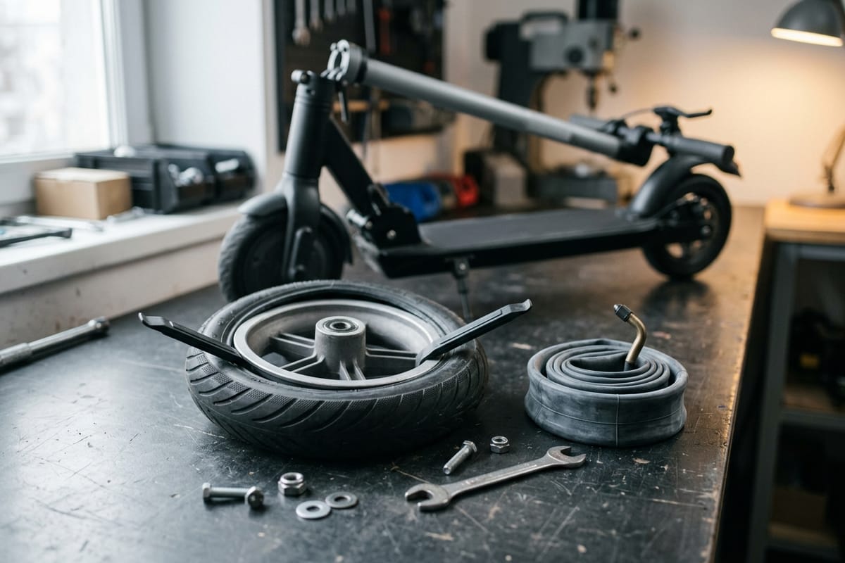 Ein ausgebautes E-Scooter-Rad liegt auf der Werkbank, zwei Montierhebel heben den Reifen von der Felge, daneben ein neuer Schlauch und Achsmuttern. Im Hintergrund steht der zusammengeklappte E-Scooter.