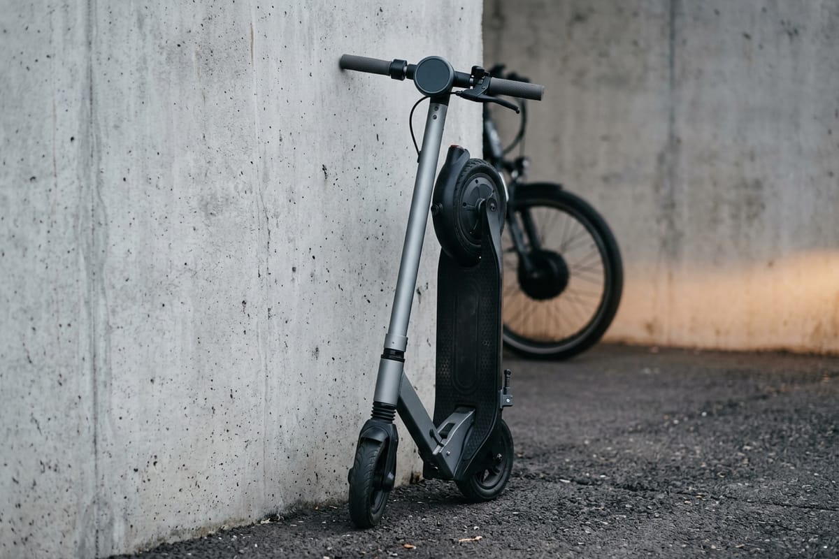Ein E-Scooter und ein Pedelec nebeneinander auf einem gepflasterten Innenhof, im Hintergrund eine Hauswand.