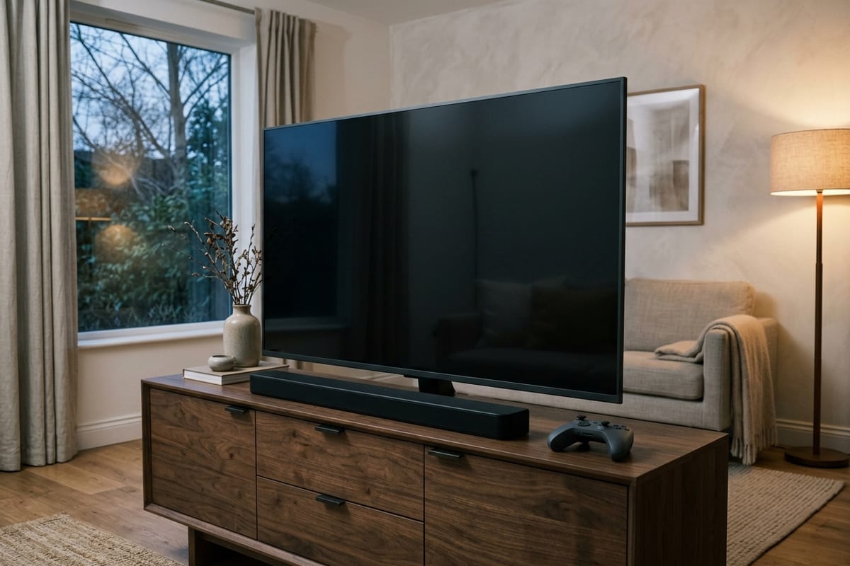 Großer Flachbildfernseher an einer Wohnzimmerwand, darunter eine Soundbar auf einem niedrigen Sideboard.