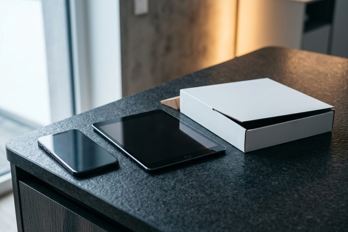 Ein Smartphone und ein Tablet nebeneinander auf dem Ladentresen, daneben eine SIM-Karte und ein Ladekabel.
