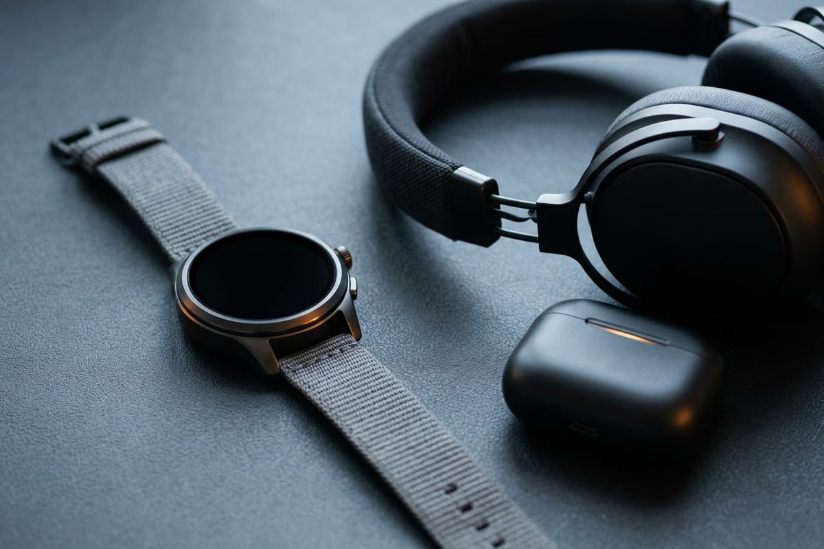 Smartwatch und kabellose Ohrhörer nebeneinander auf einer hellen Fläche.