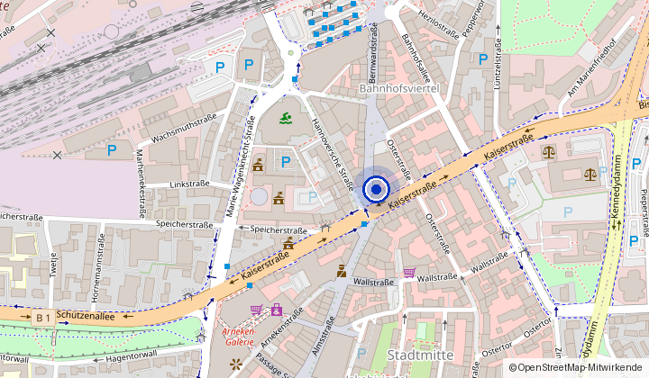 Kartenausschnitt der Hildesheimer Stadtmitte. Die Markierung sitzt in der Bernwardstraße an der Kreuzung mit der Kaiserstraße; nördlich schließt das Bahnhofsviertel an, nordwestlich verläuft die Bahnlinie, südlich liegt die Stadtmitte.